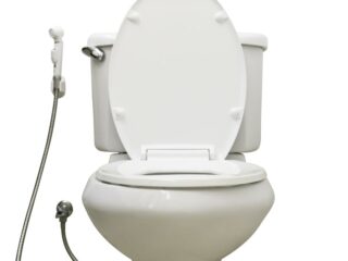 white toilet with bidet sprayer attachment