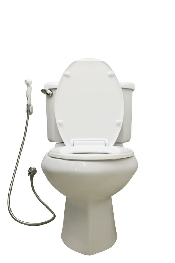 white toilet with bidet sprayer attachment