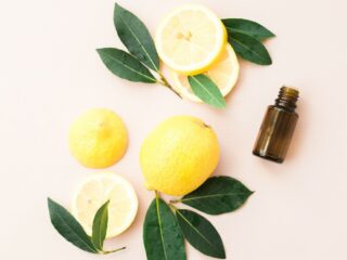 sliced lemons and leaves with brown essential oil bottle on pink background