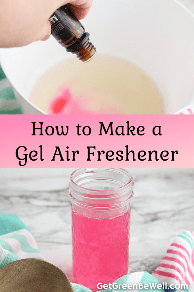 glass jar with pink homemade gel air freshener inside and woman dropping essential oils into a bowl