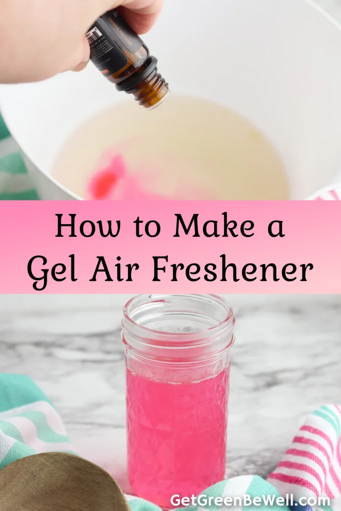 glass jar with pink homemade gel air freshener inside and woman dropping essential oils into a bowl