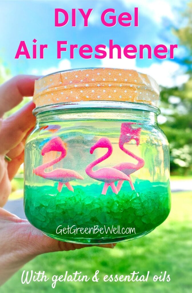 pink flamingo figurines in clear gelatin in mason jar