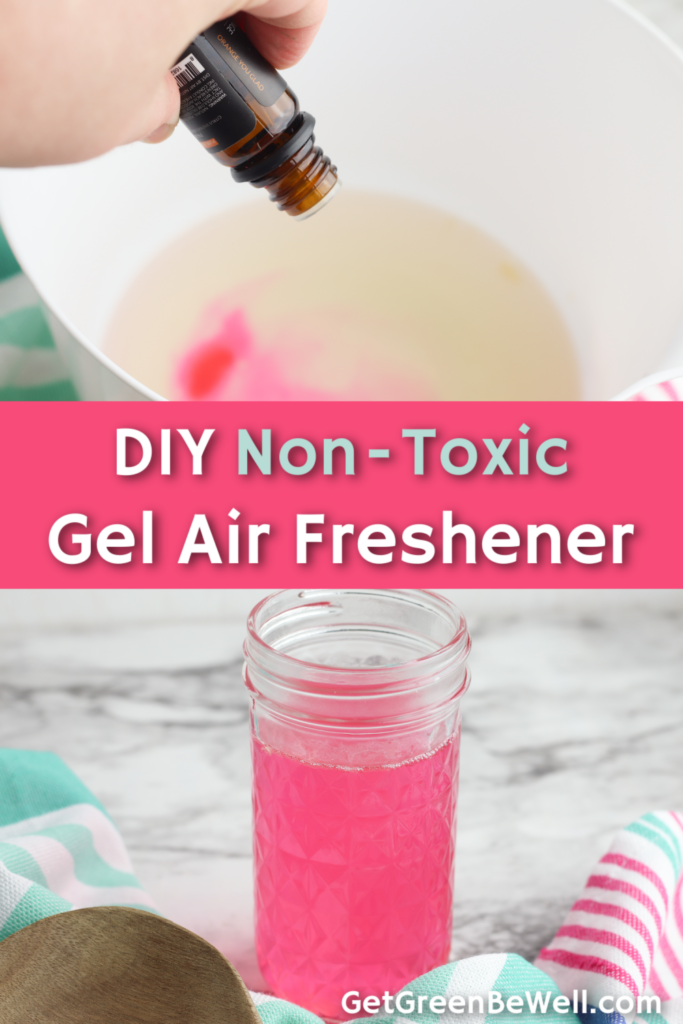 glass jar with pink homemade gel air freshener inside and woman dropping essential oils into a bowl