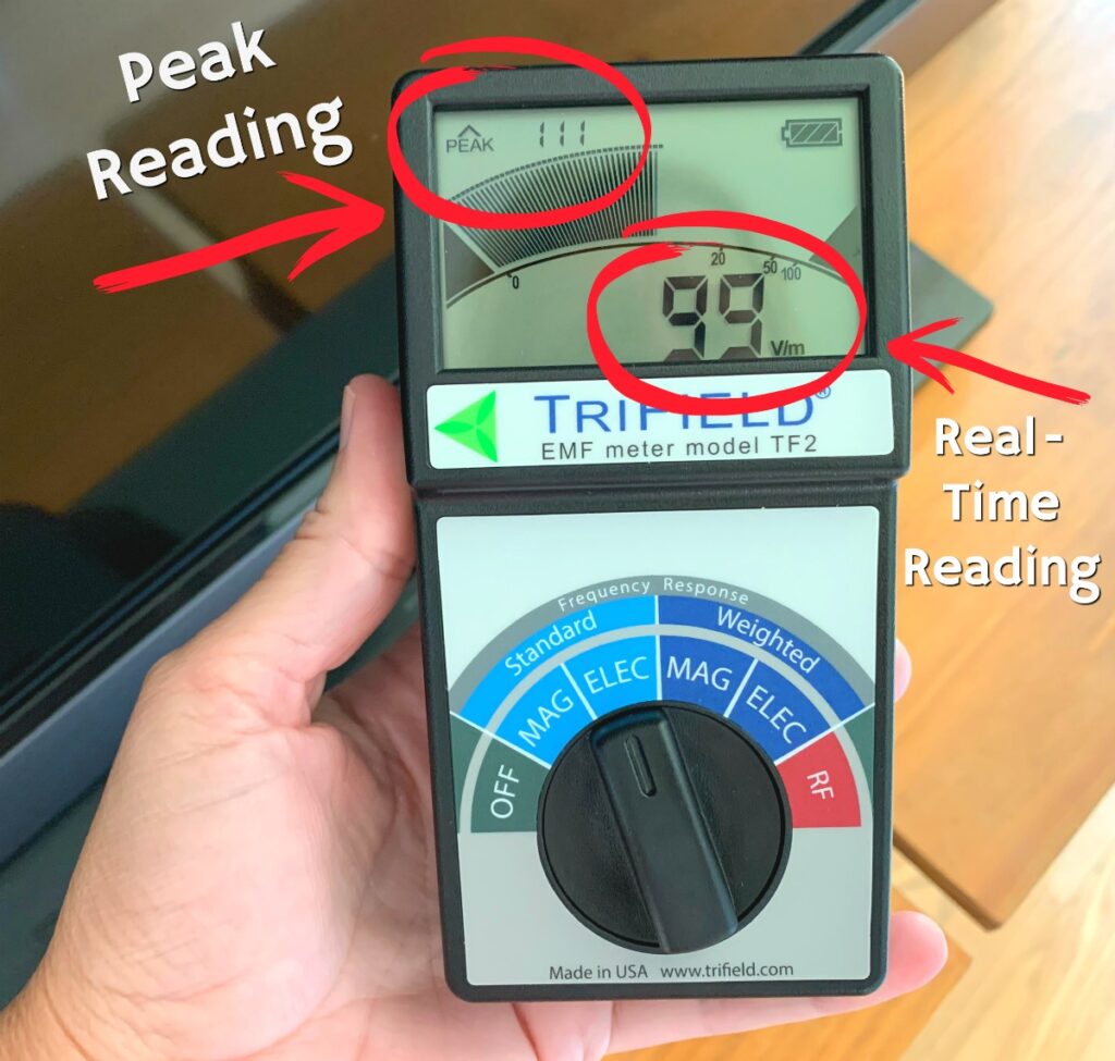 trifield emf meter model tf2 with readings on display screen