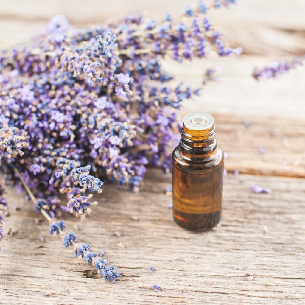 brown glass bottle on wooden table next to lavender flowers