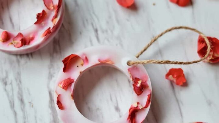 hanging wax circles with dried rose petals