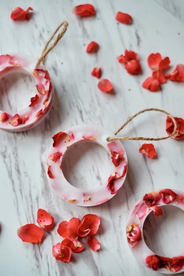 hanging wax circles with dried rose petals