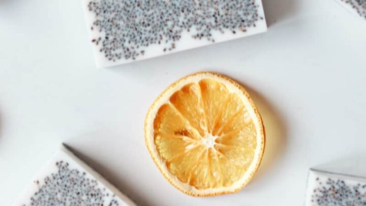 chia seed goat milk melt and pour base soaps on white background with orange slices