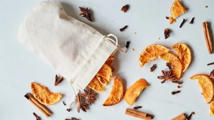 dried orange cinnamon clove potpourri in muslin bag