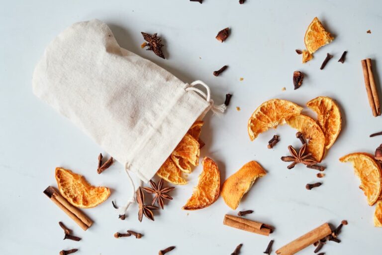 dried orange cinnamon clove potpourri in muslin bag