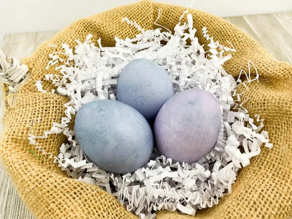 Blueberry Dyed Egg in basket with burlap
