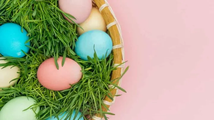 colorful Easter eggs in grass in basket with pink background