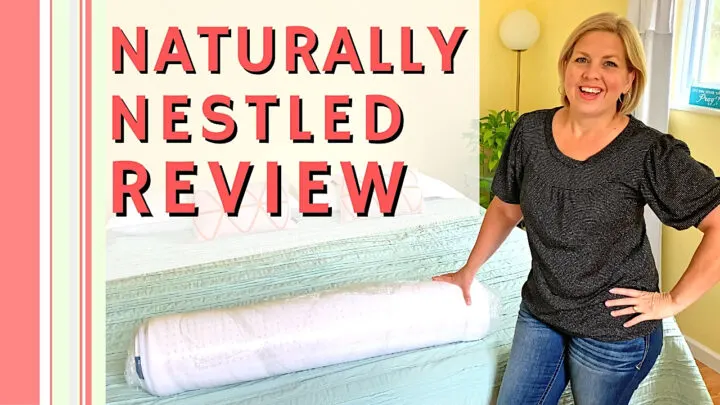 woman standing by naturally nestled latex mattress topper