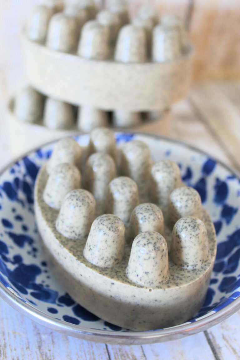 exfoliating coffee soap bar in bowl