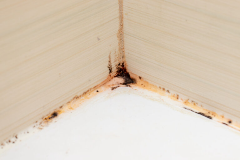 red rust stains and mold on bathroom tub
