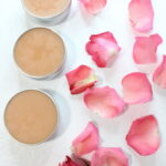 three small tins filled with homemade rose salve displayed near a layer of pink rose petals on a white background