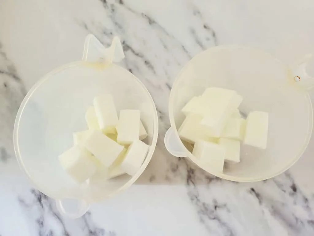 Chocolate Vanilla Soap Step 1 bowls sitting on white marble