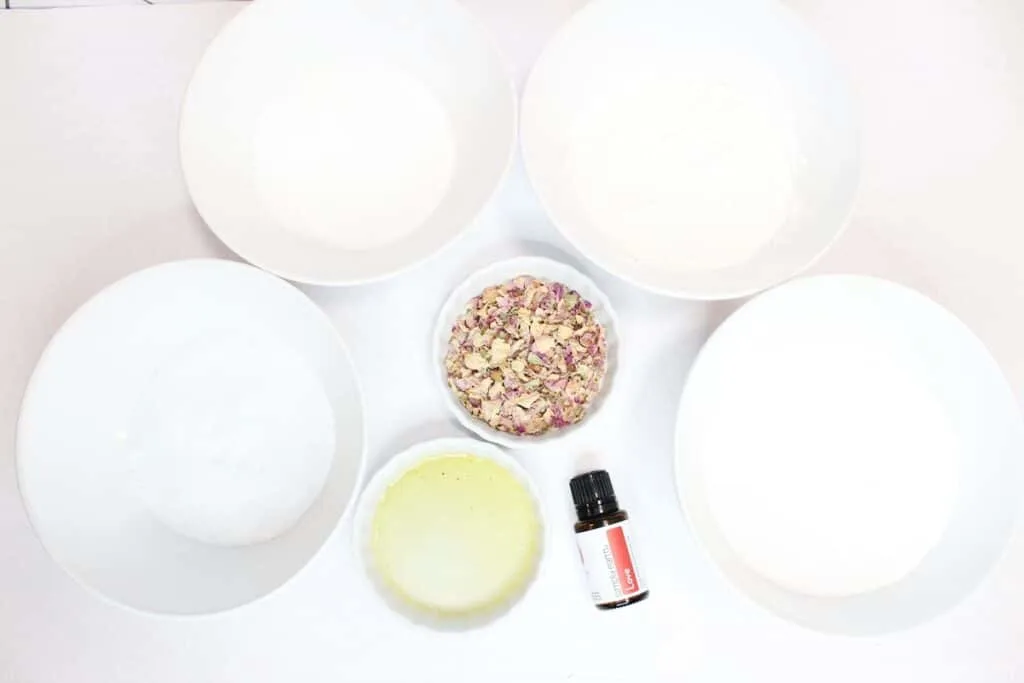 Rose Petal Bath Bomb Ingredients on white background