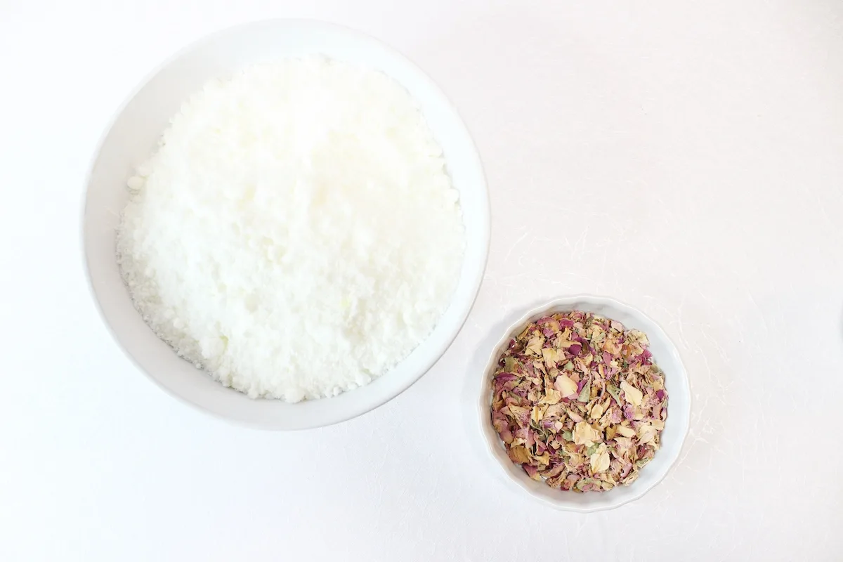 Rose Petal Bath Bomb Step 5 in white bowls on solid white background