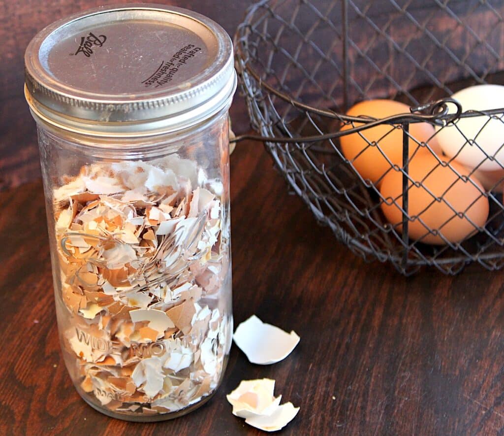 A glass mason jar with eggshells for the garden on a table next to a basket of eggs.