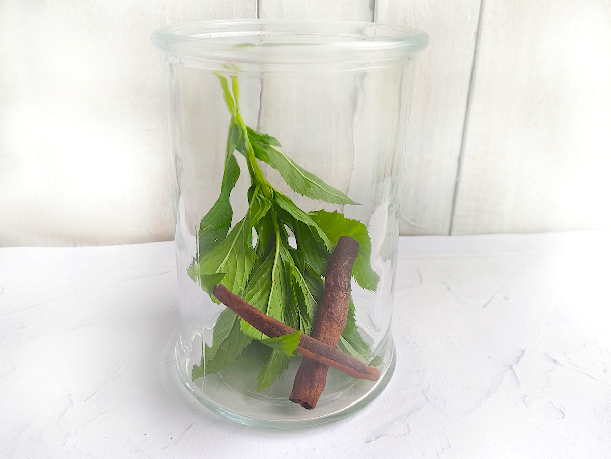 Fresh mint and cinnamon sticks in a glass jar to make Moon Water.