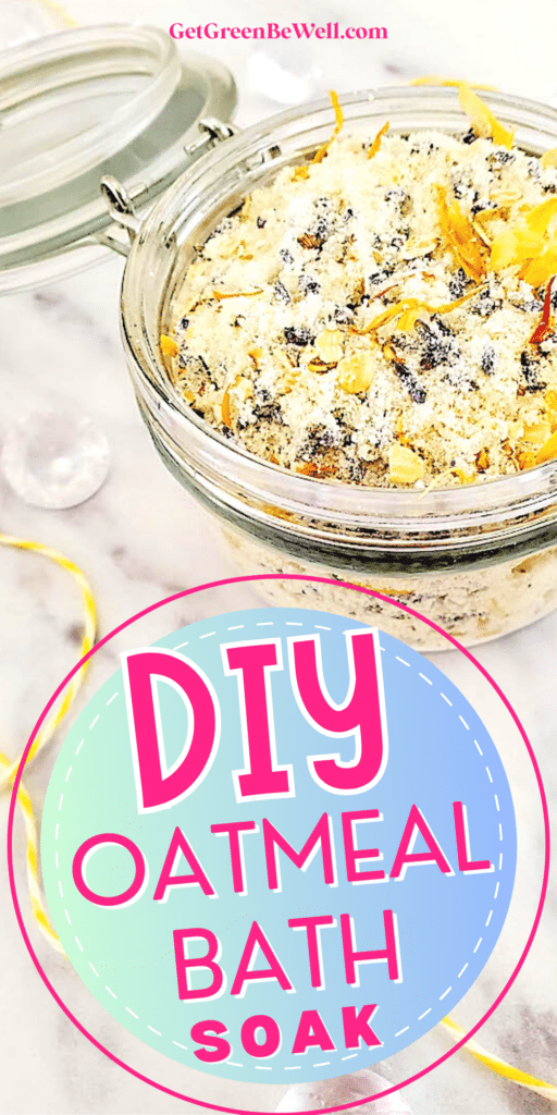 A homemade oatmeal milk bath soak with the words diy oatmeal bath soap.