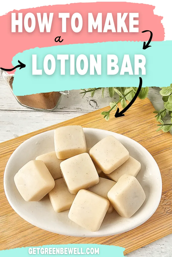 small homemade lotion bars in a white bowl on a wooden cutting board with Pinterest text overlay
