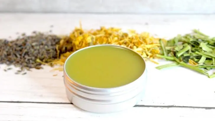 Jewelweed Salve on a white wood table top with ingredients