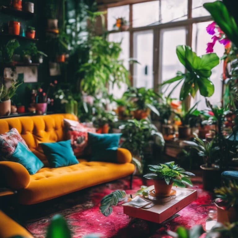 An orange sofa with teal cushions in a living room filled with many potted plants, showcasing a maximalist aesthetic.