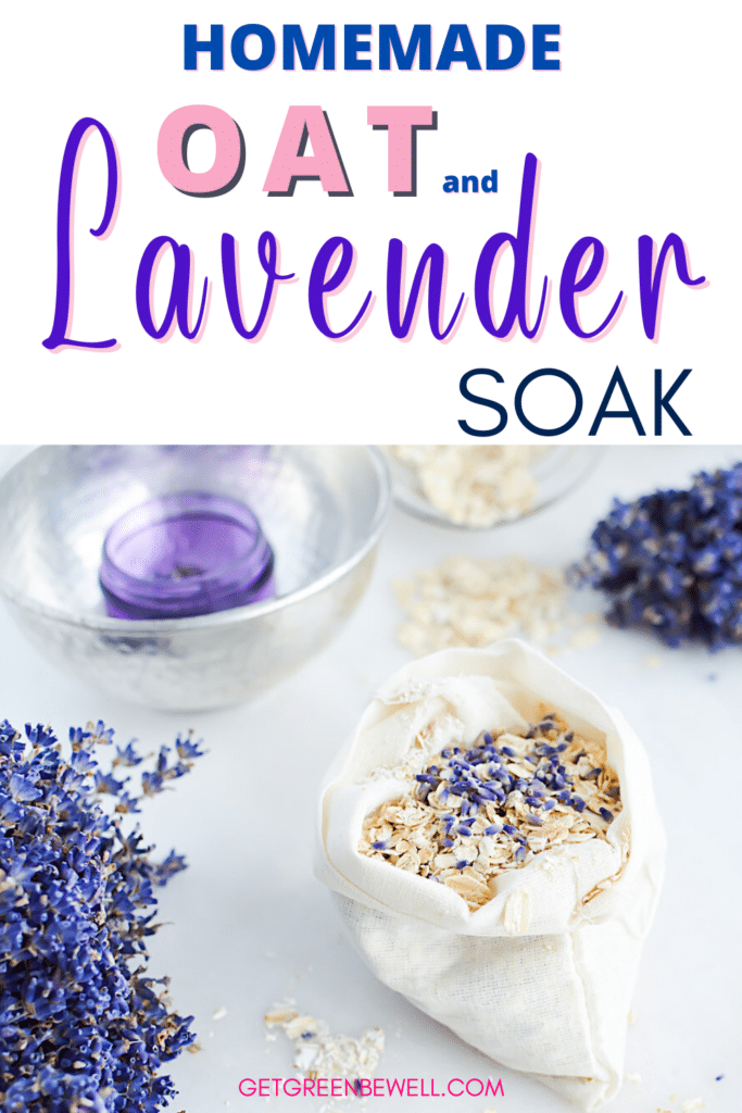 A bowl filled with a mixture of oats and lavender flowers. Dried lavender flowers are scattered nearby, and a glass bowl with a purple candle is in the background. Text reads, "Homemade Oat Bath Soak.